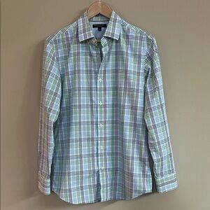 Banana Republic Blue and Green Plaid Cotton Shirt Non Iron Slim Fit